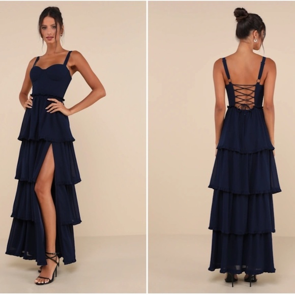 LULU's Sexy Prom Special Event Wedding Flowy Chiffon Corset Tie Back Maxi Dress - Picture 1 of 5